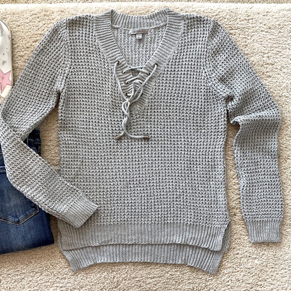 Grey Tie Front Knit Sweater - Picture 2 of 6